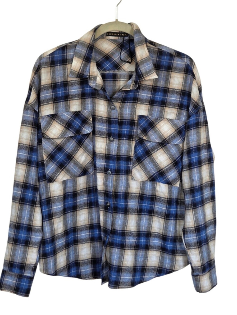 Brooklyn Karma Plaid Button Down Shirt S Blue Tan 90s Grunge Oversized Fall